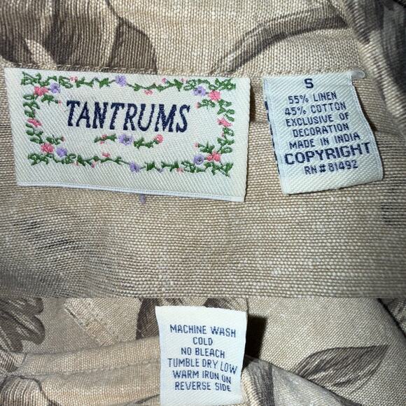 Vintage Linen Blend Button Front 3/4 Sleeve Floral Print Top Blouse Beaded SM - Picture 10 of 10